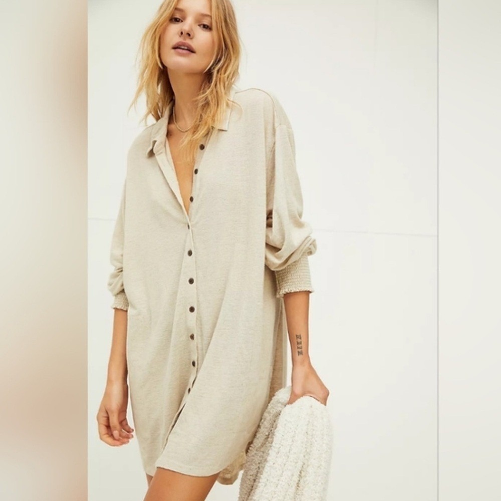 Free People Beach Linen Blend Smocked Cuff Button Down Shirt Dress Oatmeal Large